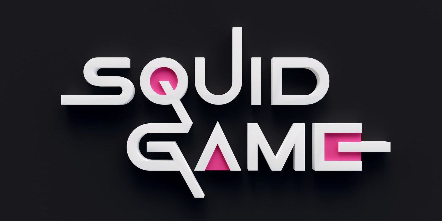 The title Squid Game written in white with neon pink accents, on a black background 