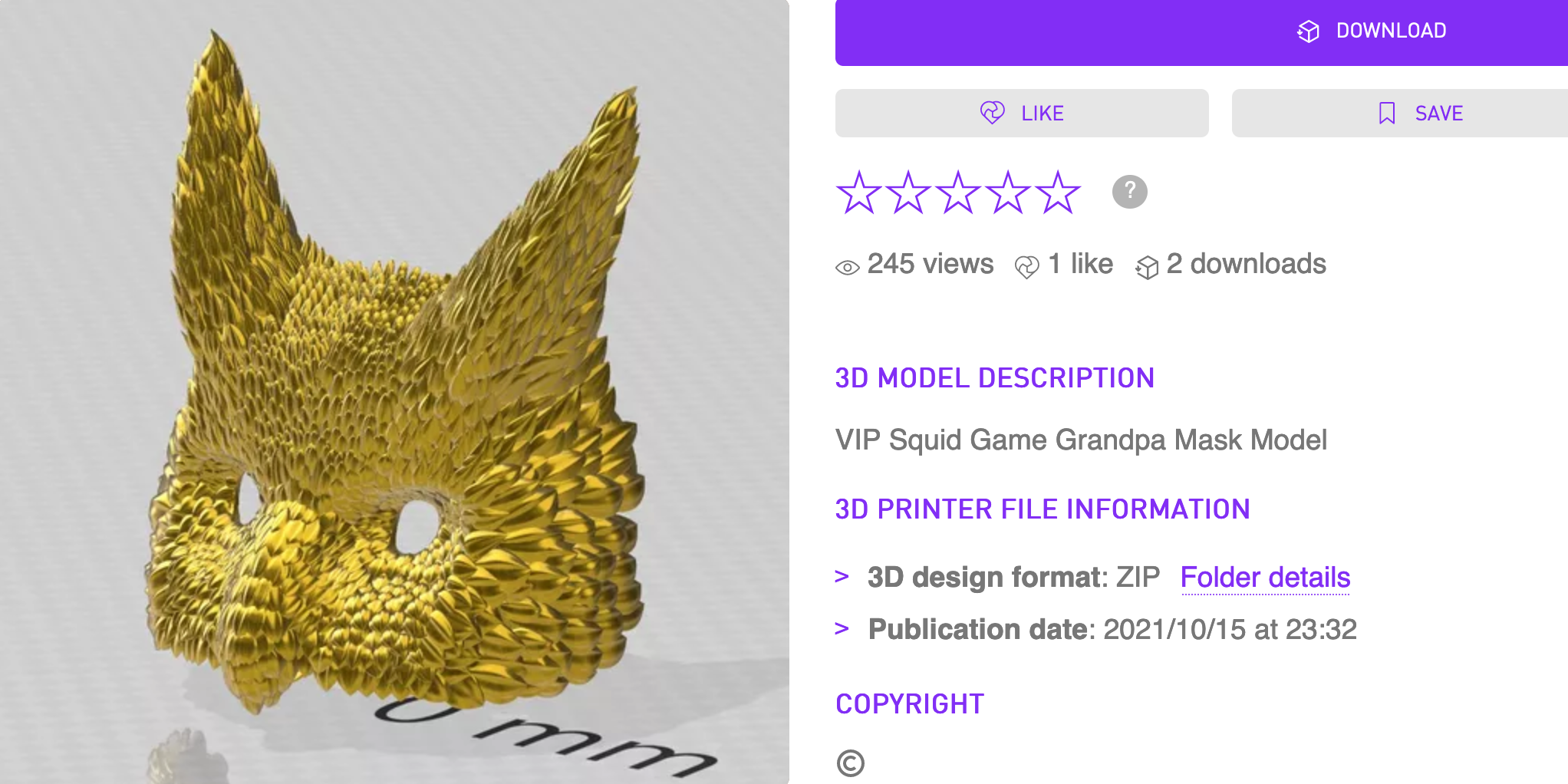 A 3D model of a golden owl mask next to information about the designer
