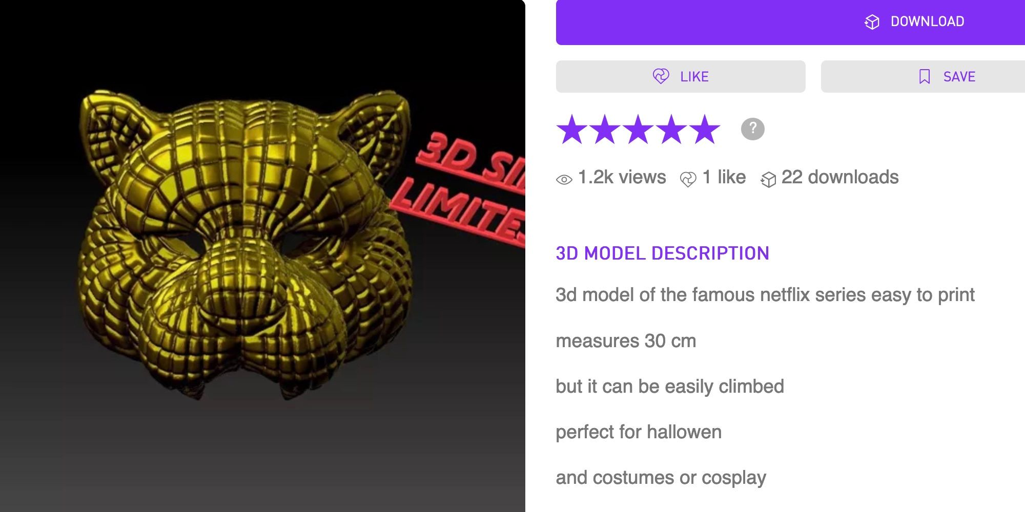 A 3D model of a golden tiger mask on a black background, next to information about the designer
