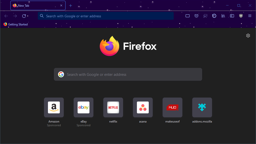 A screenshot of Mozilla Firefox with the Stars at Night [Blue] theme enabled