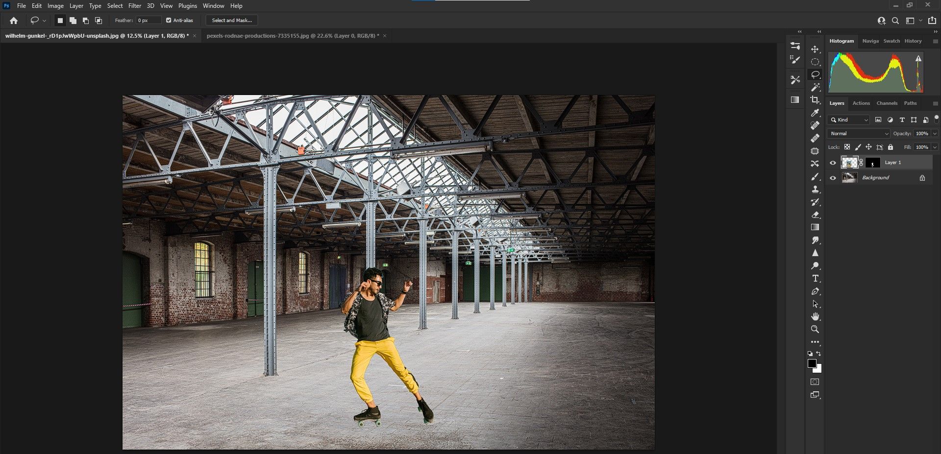 Rollerblader in an empty warehouse. 