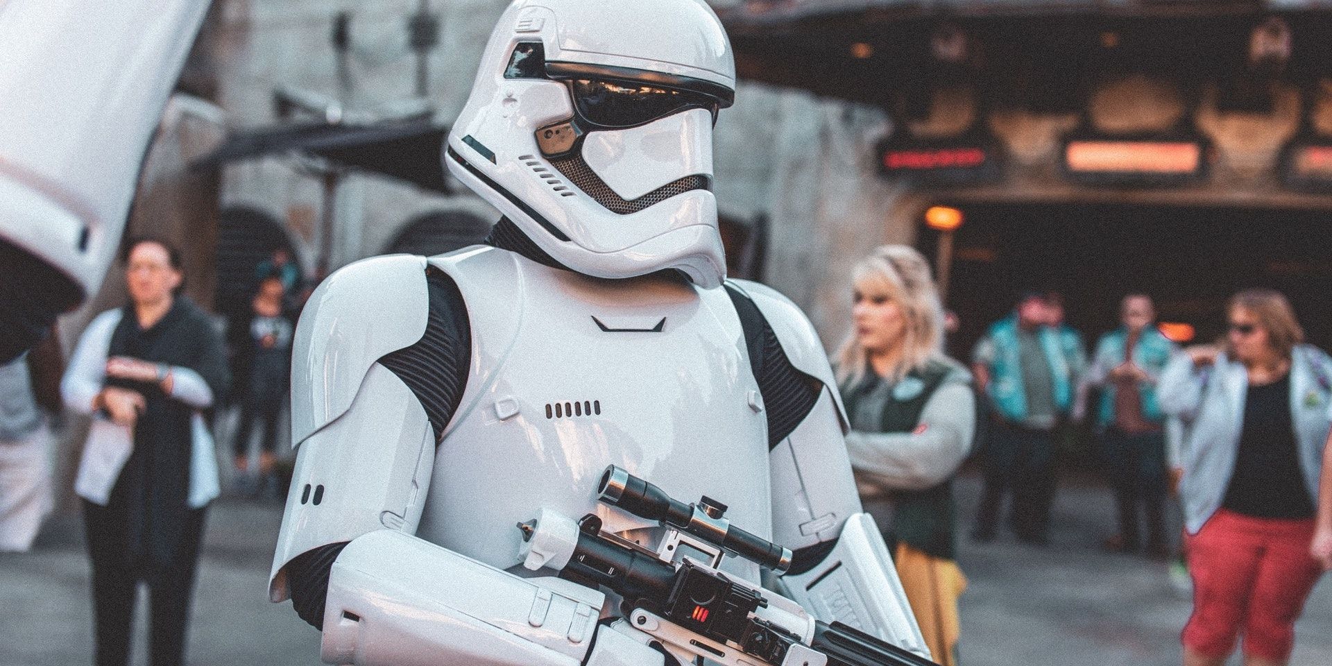 A close up shot of someone wearing a Star Wars Storm Trooper costume