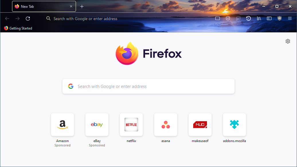 A screenshot of Mozilla Firefox with the Sunset Foggy Sea theme enabled