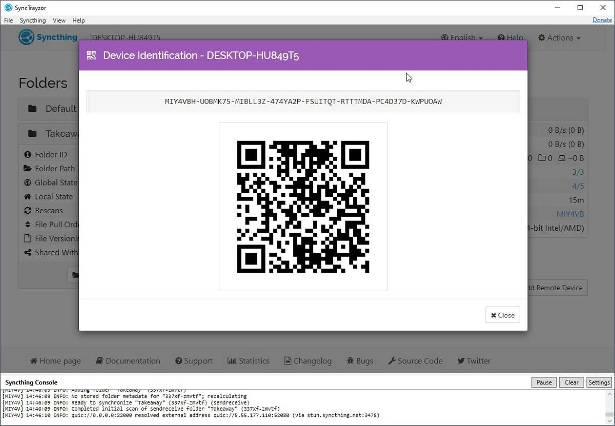 SyncTrayzor will show its ID on your screen as a QR code.