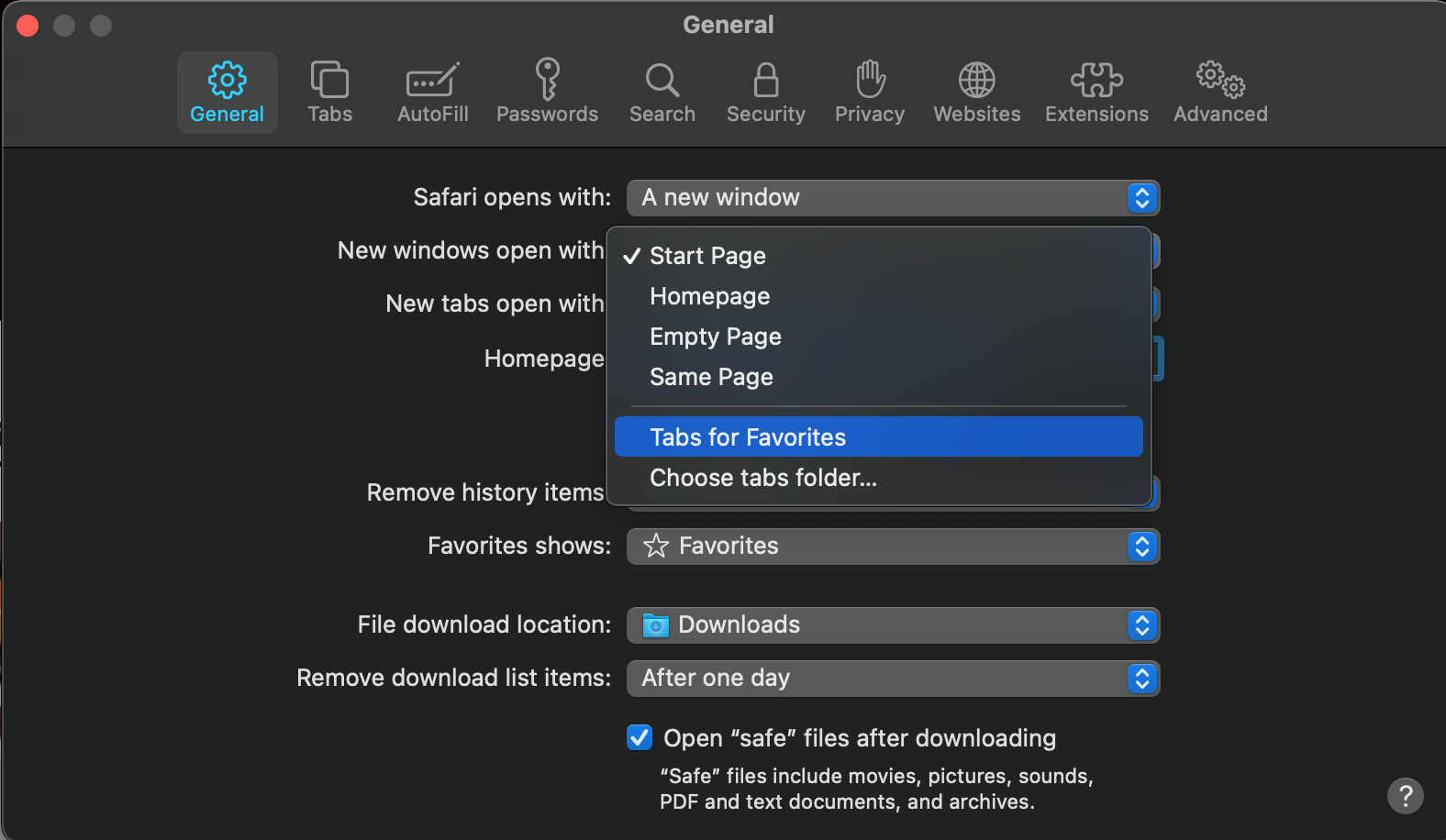 Tabs for Favorites on Safari General Options