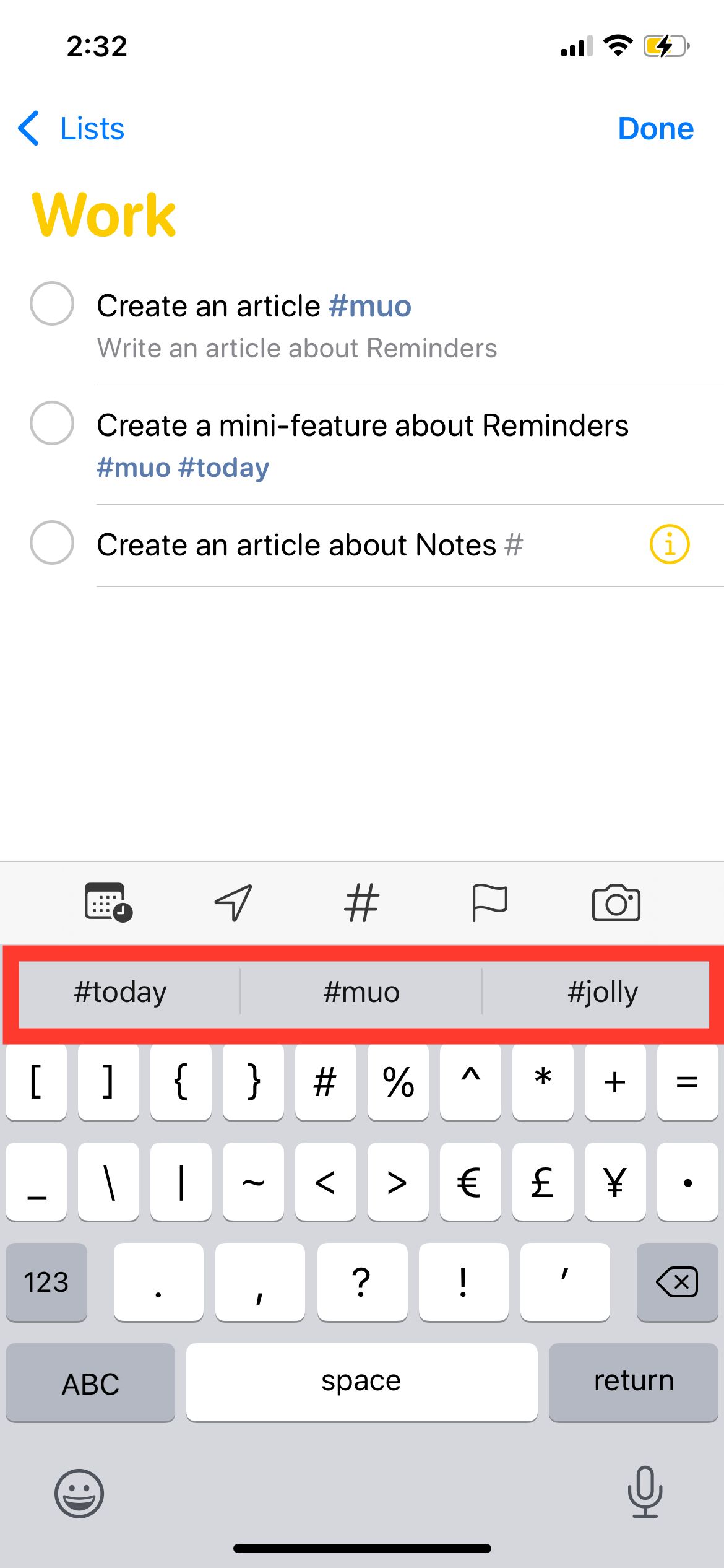 Tag suggestions in Reminders