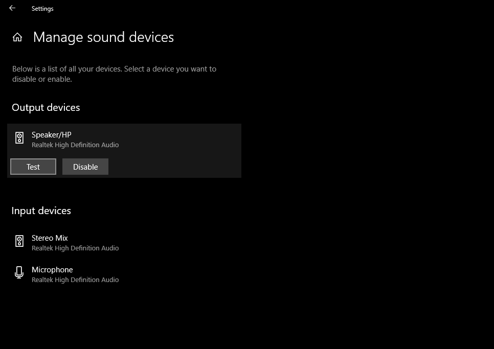 Testing Output Sound Devices In Windows Settings