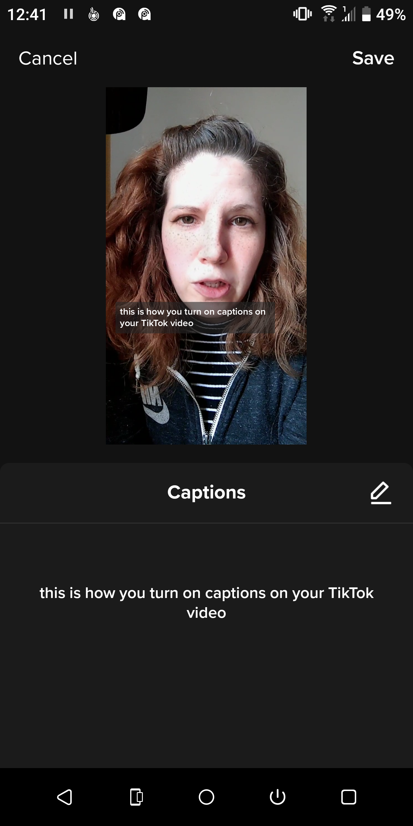 Screenshot showing the auto captions feature on TikTok