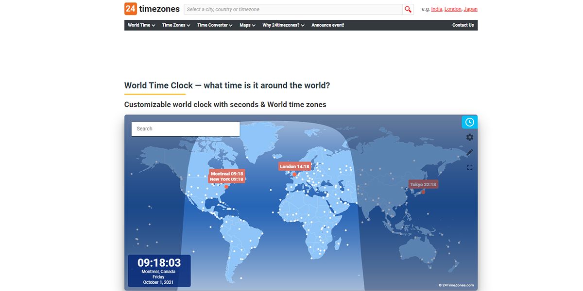 An image showing the website of 24timezones
