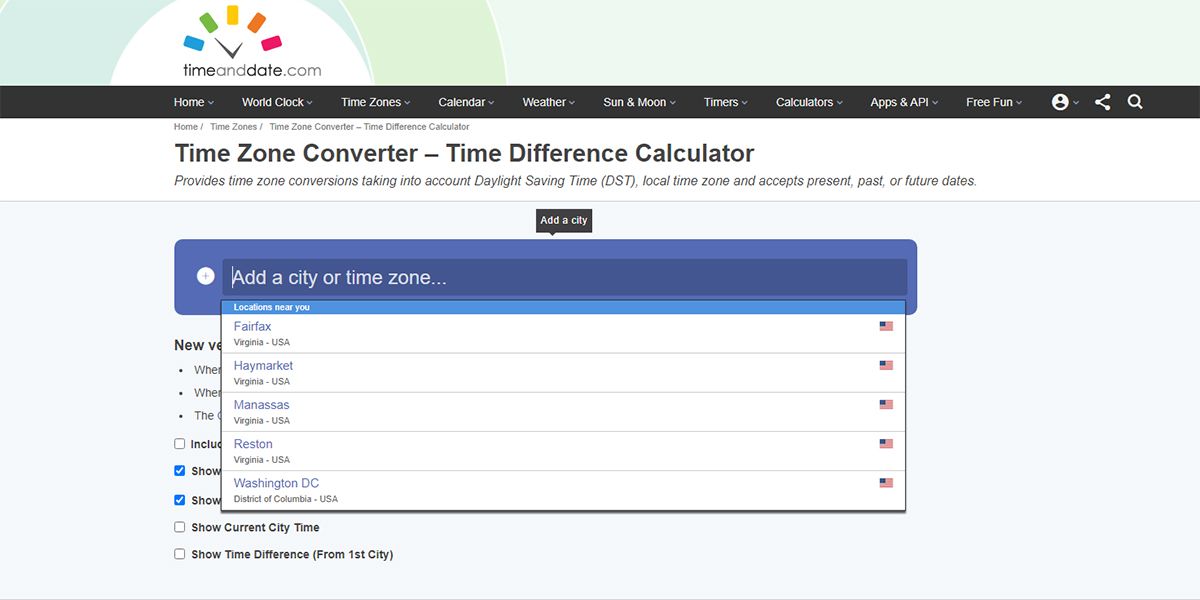 A visual of Time and Date time zone converter website