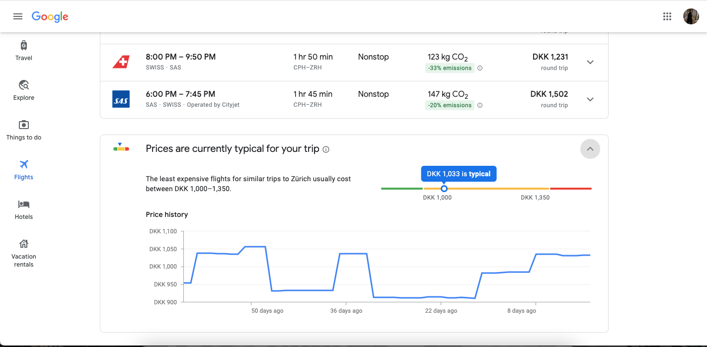 Screenshot showing flight prices on Google Travel