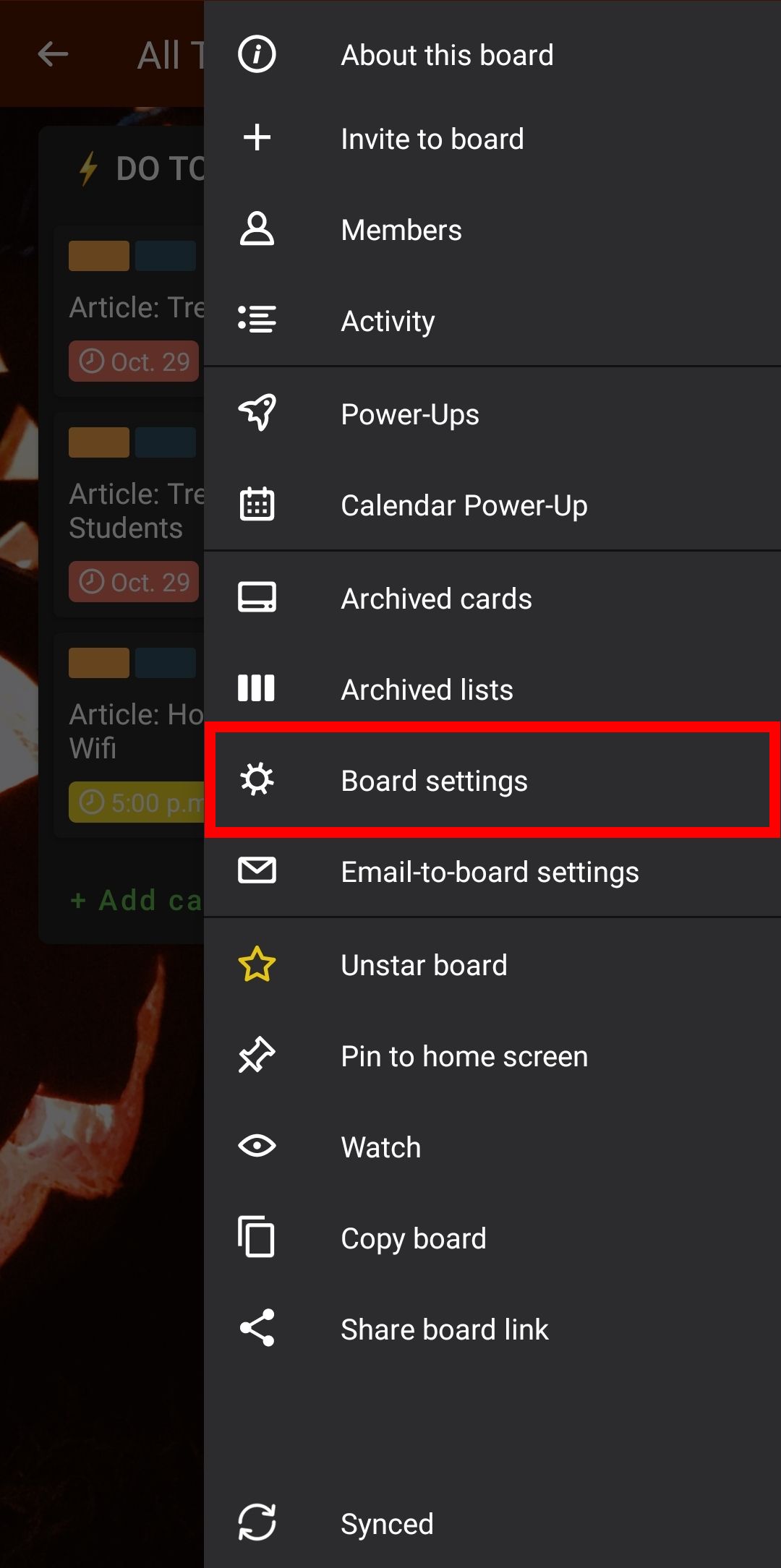 The Board menu in Trello for Android