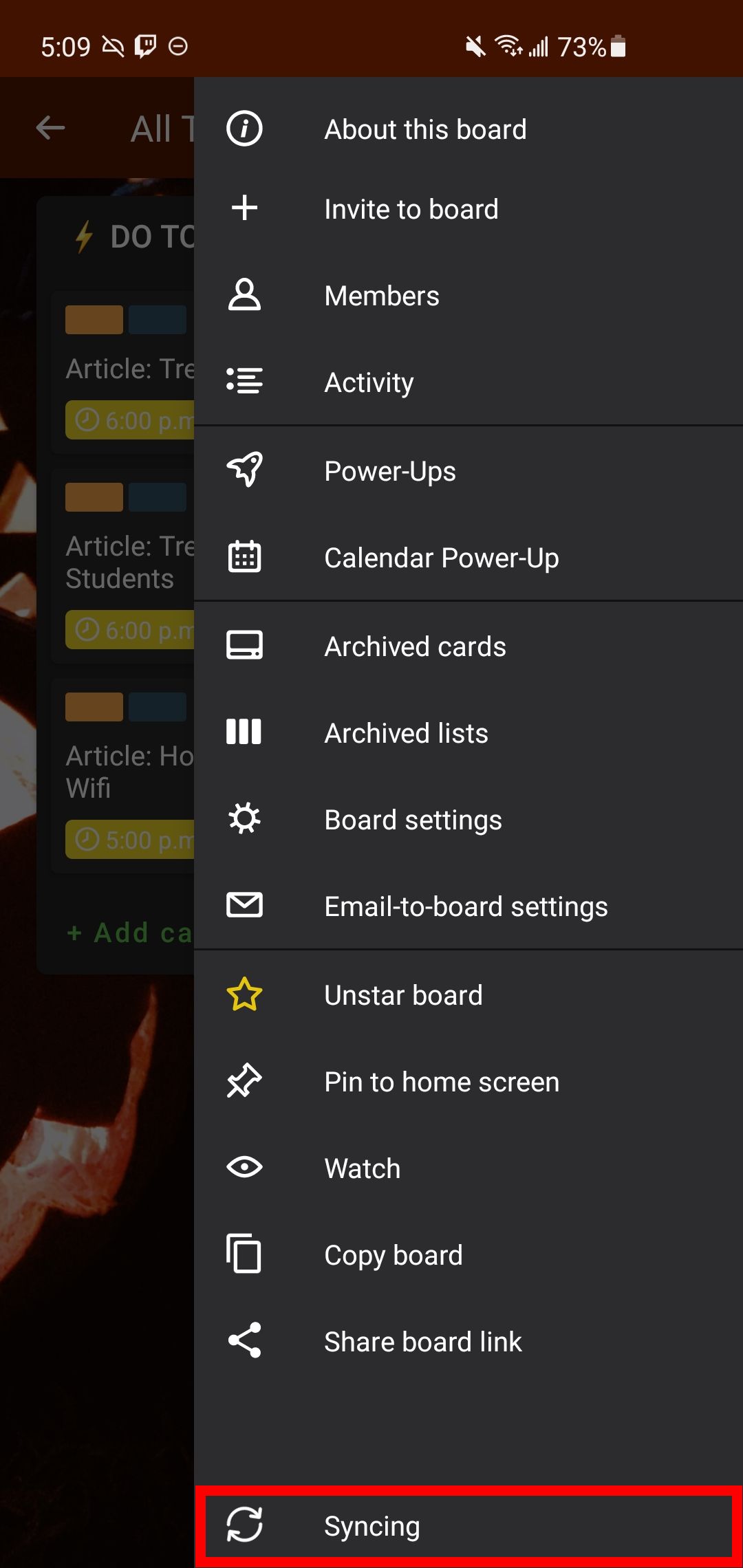 The manual sync button in Trello for Android