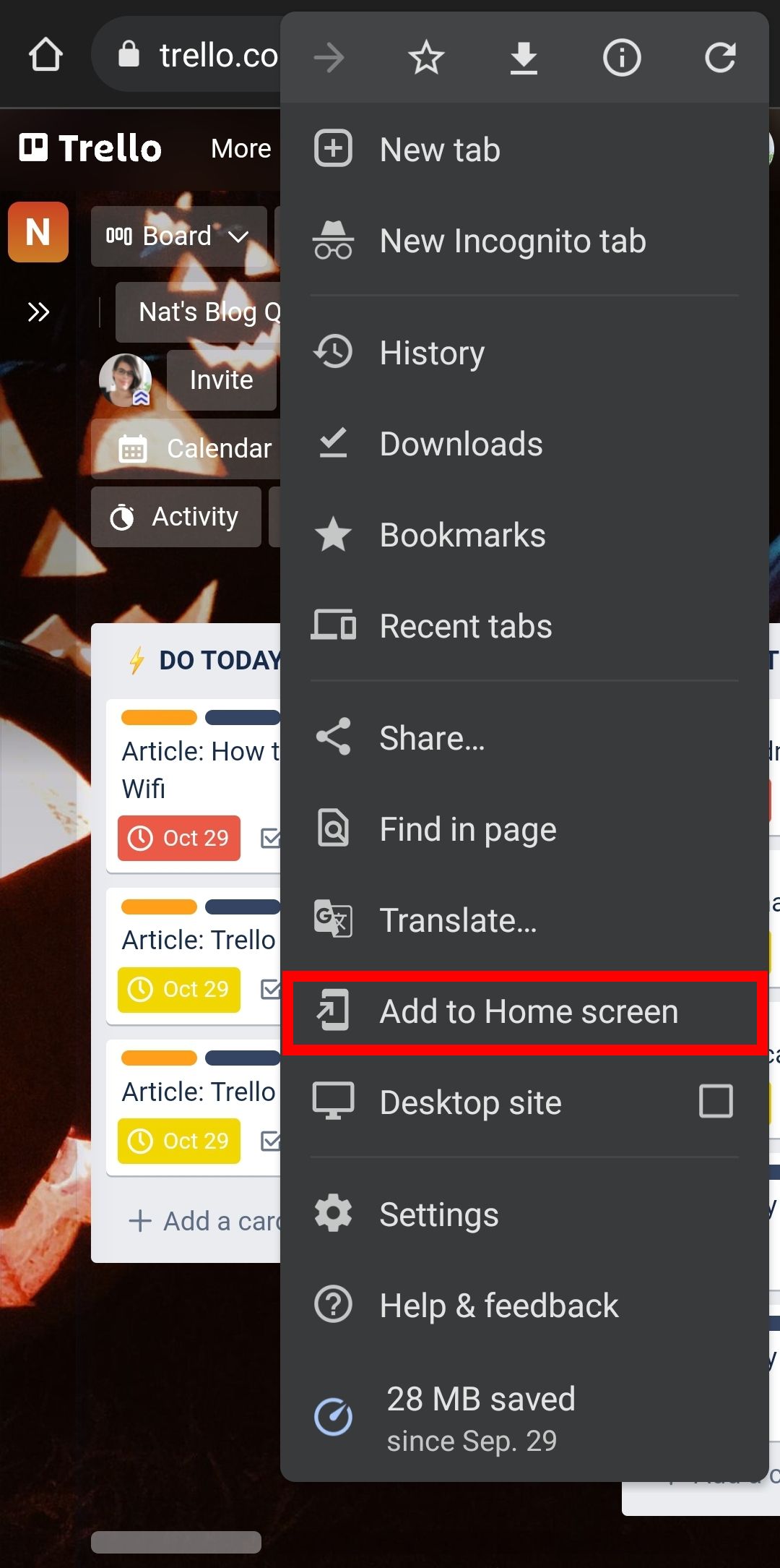 Trello viewed in Google Chrome for Android, with the Add to Home Screen option highlighted in the menu.