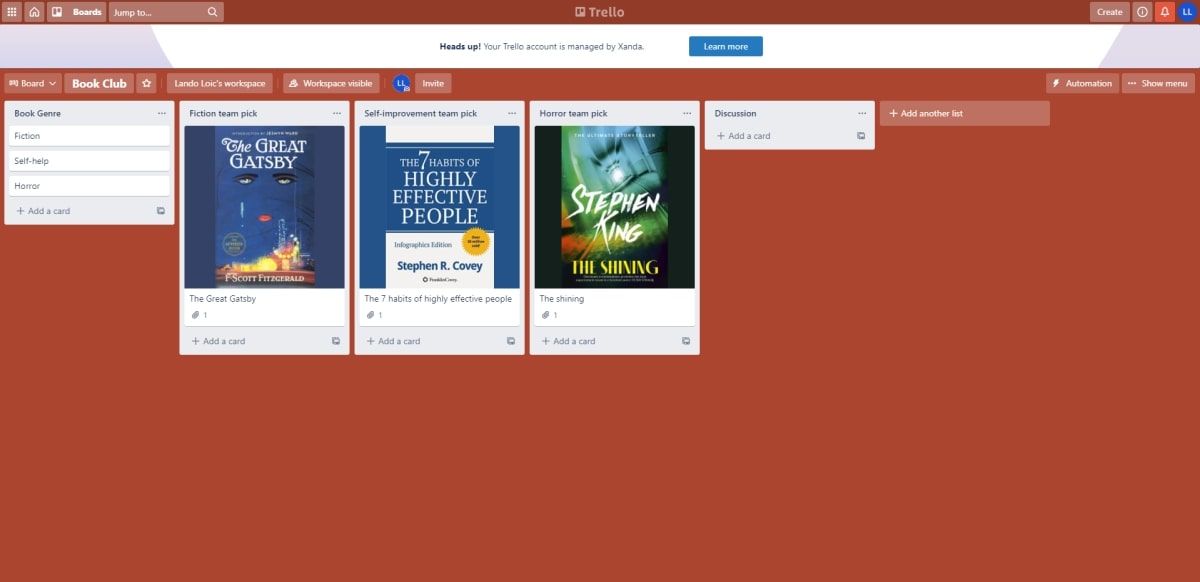 Screenshot of a Trello template for a book club