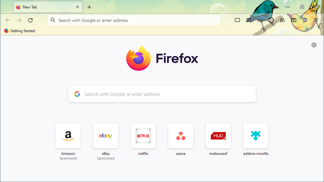 A screenshot of Mozilla Firefox with the Two little birds theme enabled