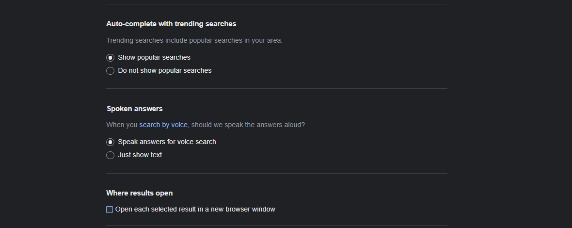 Bỏ chọn hộp trong Cài đặt tìm kiếm trong Chrome