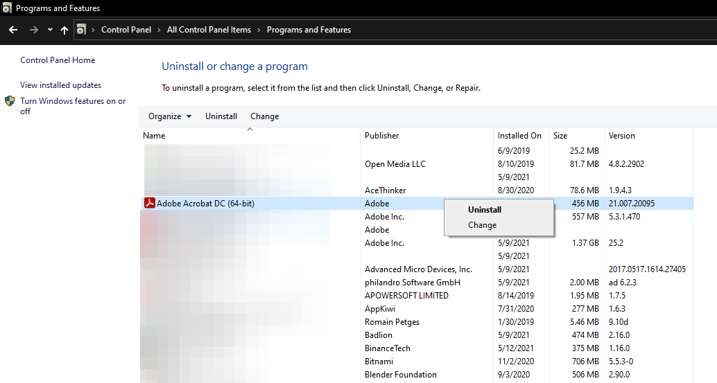 Uninstalling-Adobe-Acrobat-In-Control Panel