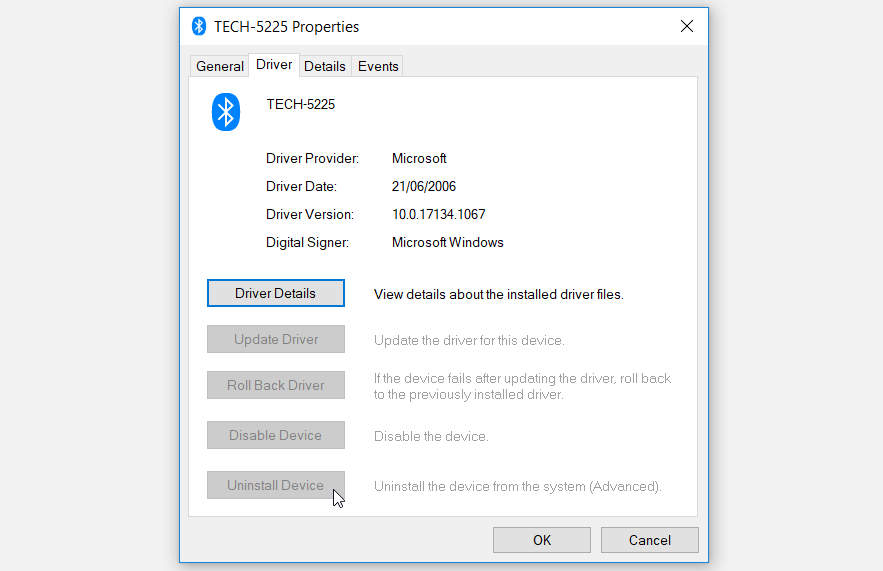 Uninstalling a Bluetooth device from a PC