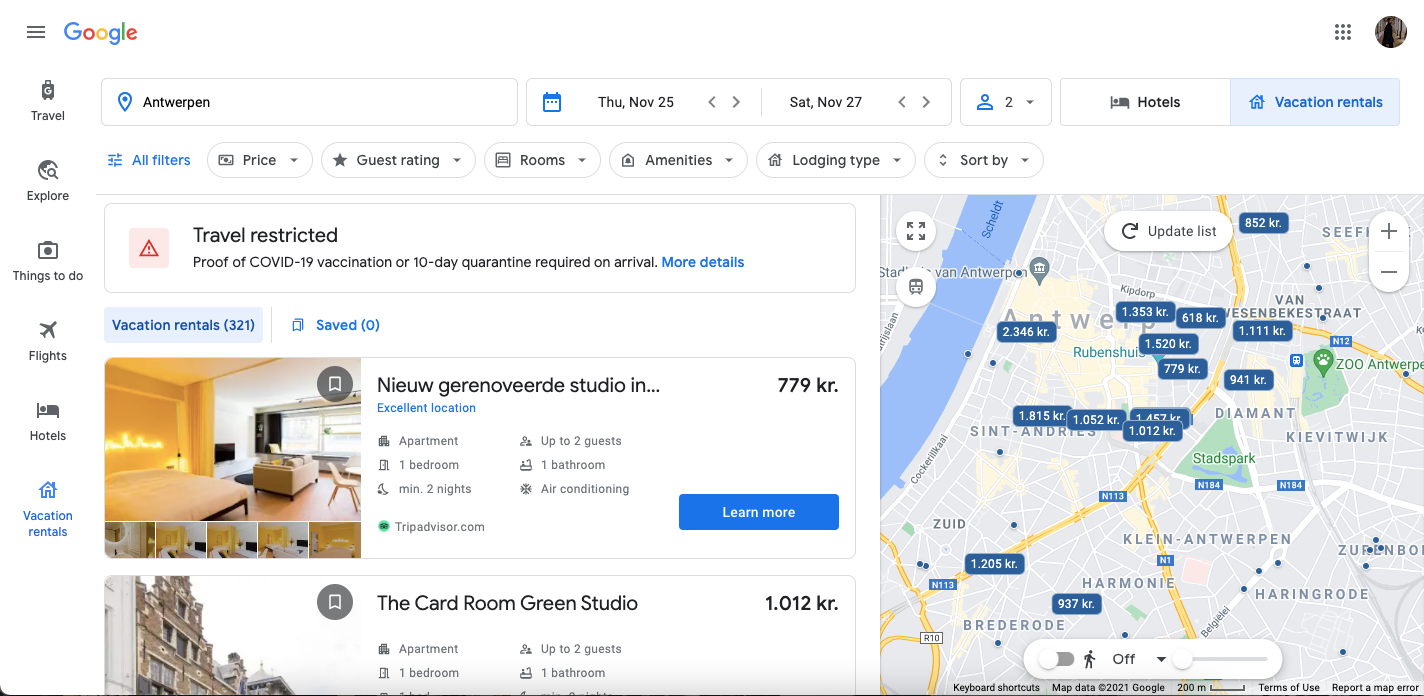 Screenshot of vacation rentals tab on Google Travel