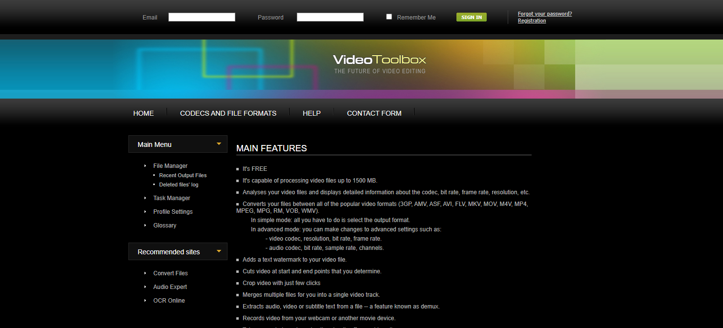 Screenshot of VideoToolbox's landing page