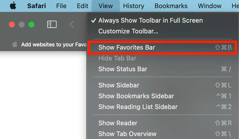View on Safari Showing Favorites Bar Option