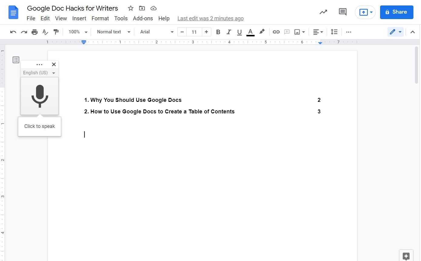 Image shows Voice Typing feature inside Google Docs