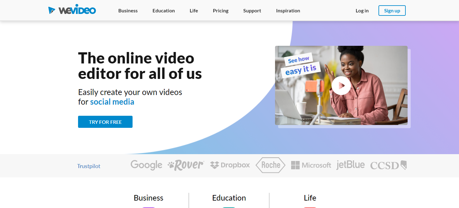 Screenshot of WeVideo's landing page