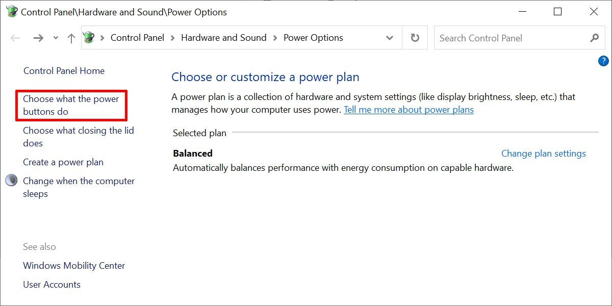 Windows 10 Control Panel Power Options Power Plan