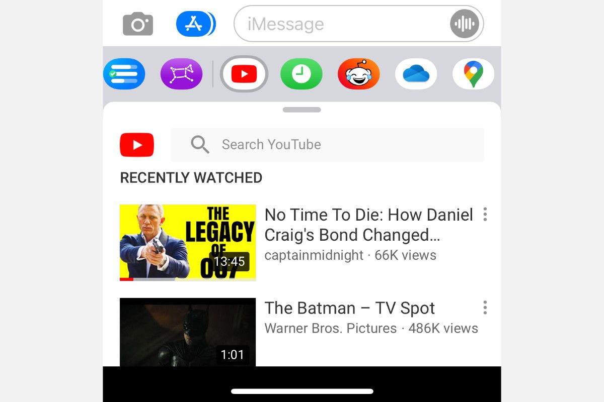 YouTube iMessage app showing recently watched videos