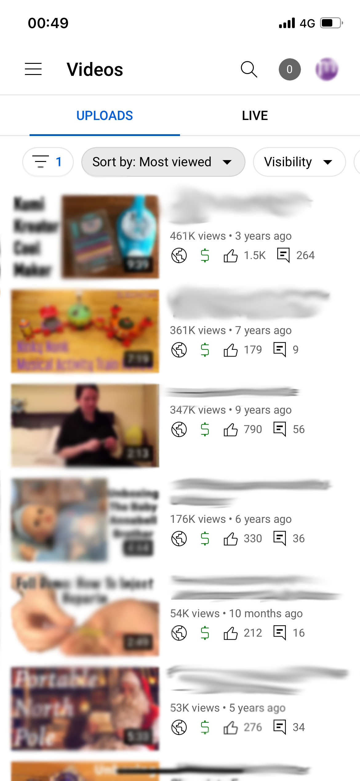 YouTube Studio App showing videos sorted by most popular