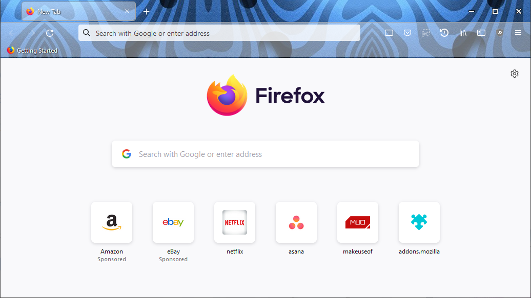 A screenshot of Mozilla Firefox with the Zebra Abstract theme enabled