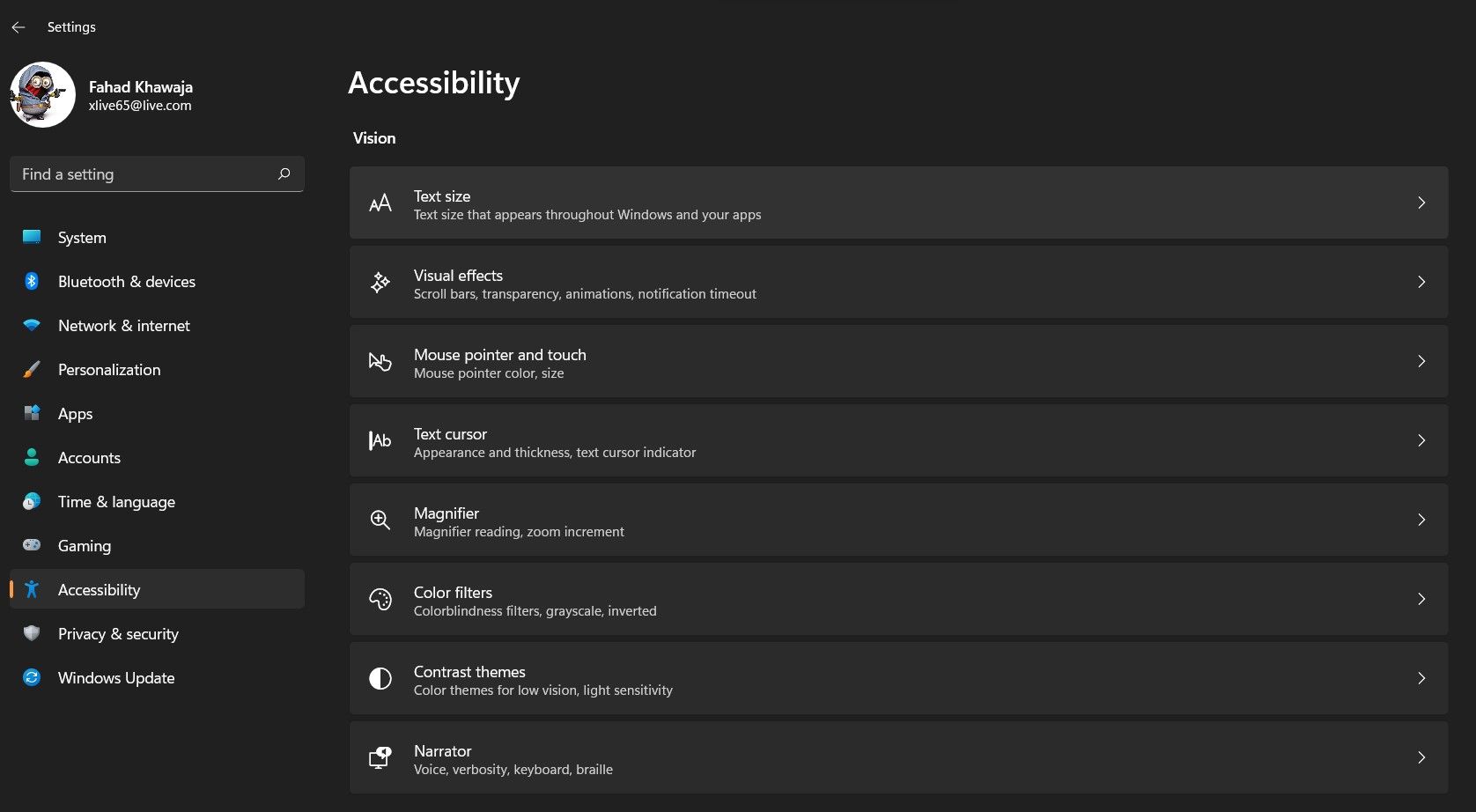 Accessibility settings Windows 11