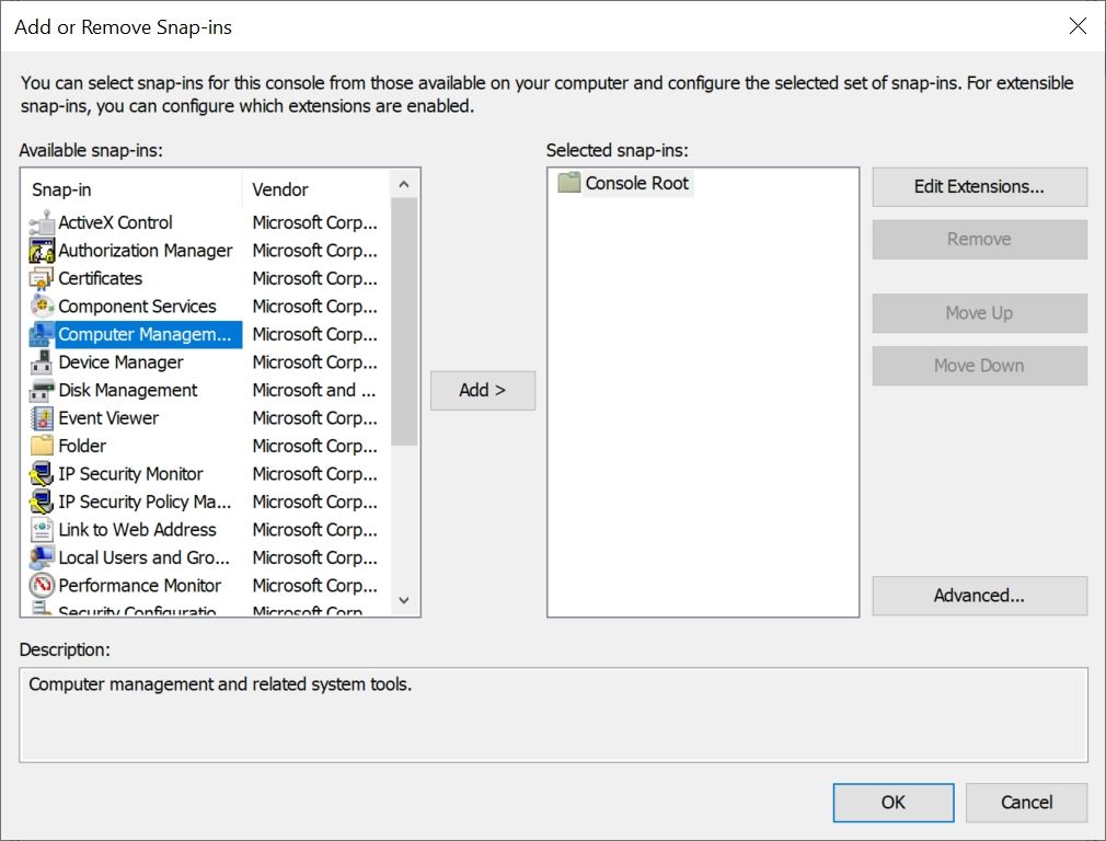 Adding a Snap-In in Microsoft Management Console (MMC).
