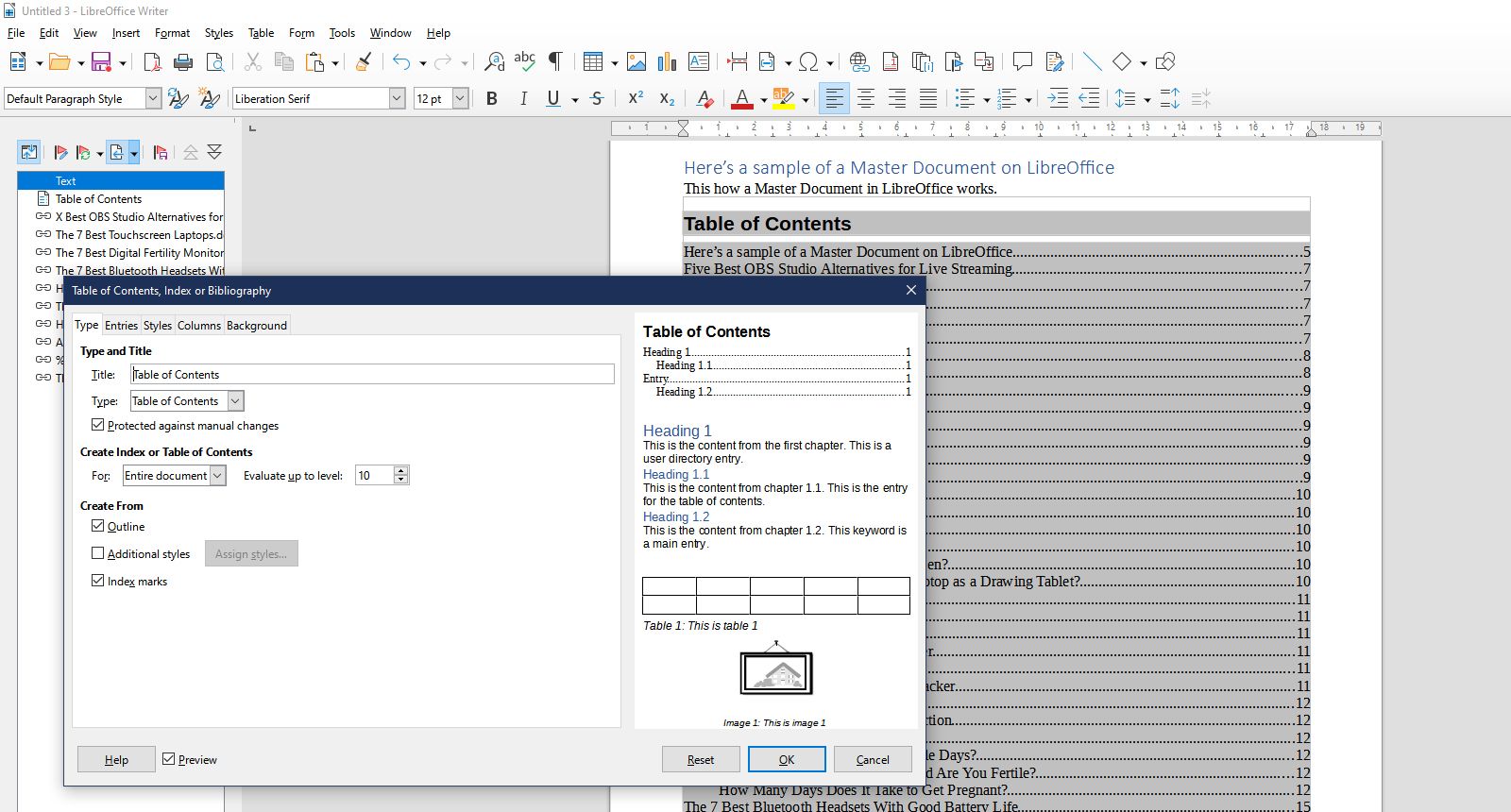 How to add an index in LibreOffice Master Document