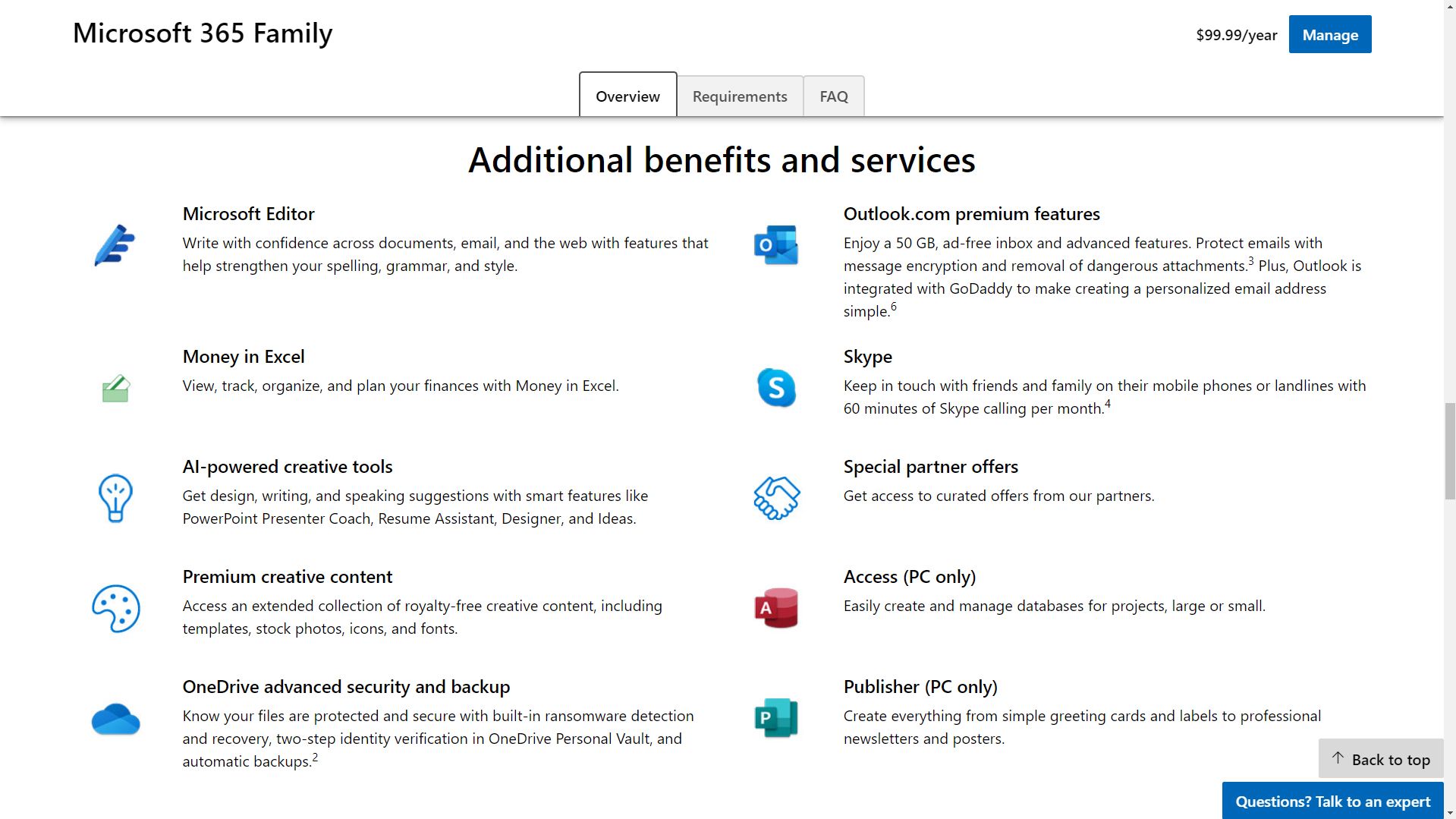 screenshot of additional benefits and services for Microsoft 365 from the Microsoft website