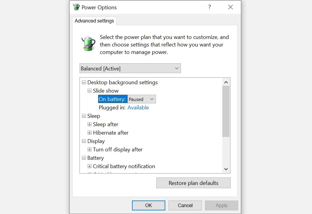 Advanced power settings in Windows 10.