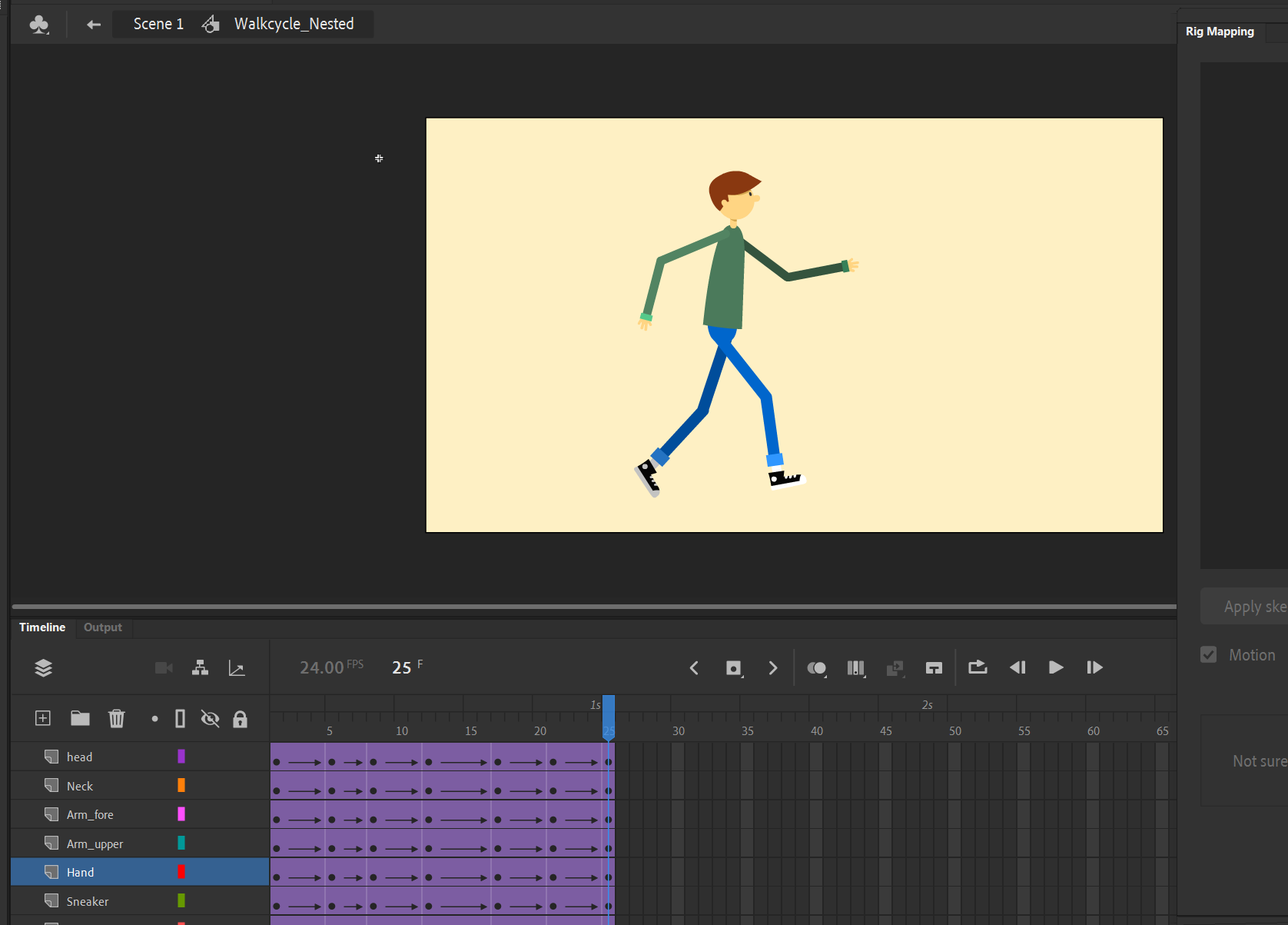 The timeline and a puppet in Adobe Animate