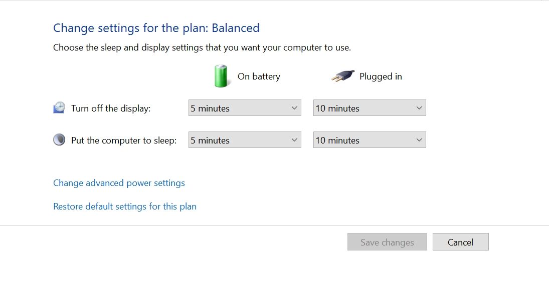 Change power plan settings window in Windows 10.