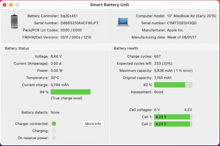 battery dashboard showing charge cycles