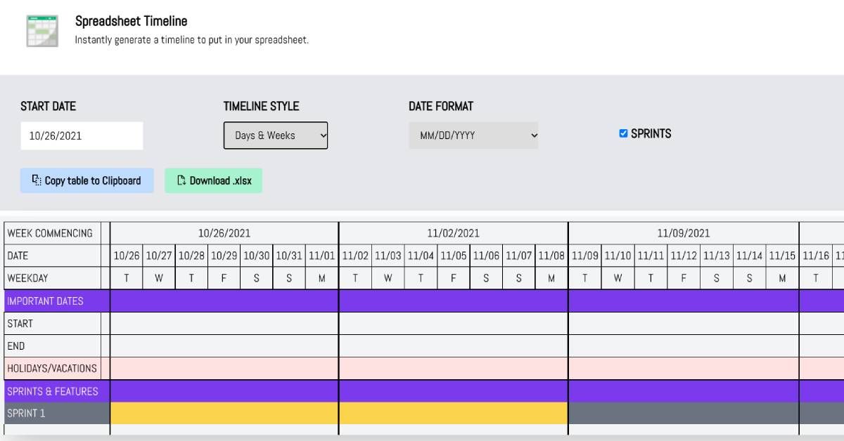 Spreadsheet Timeline saves you the hassle of creating a timeline of columns for coding sprints and long-term projections
