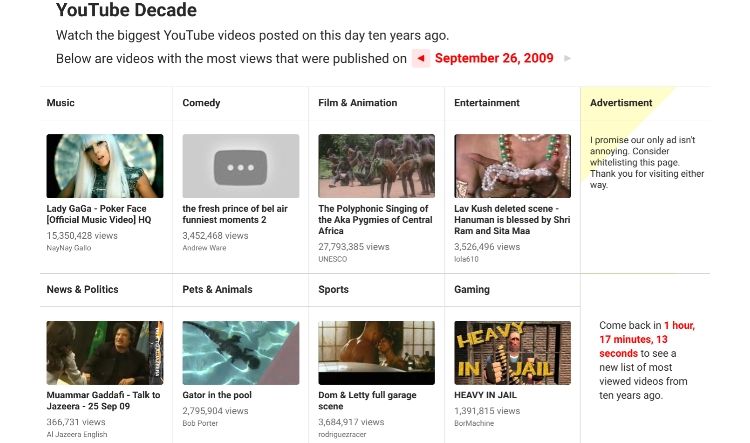 The YouTube Decade homepage.