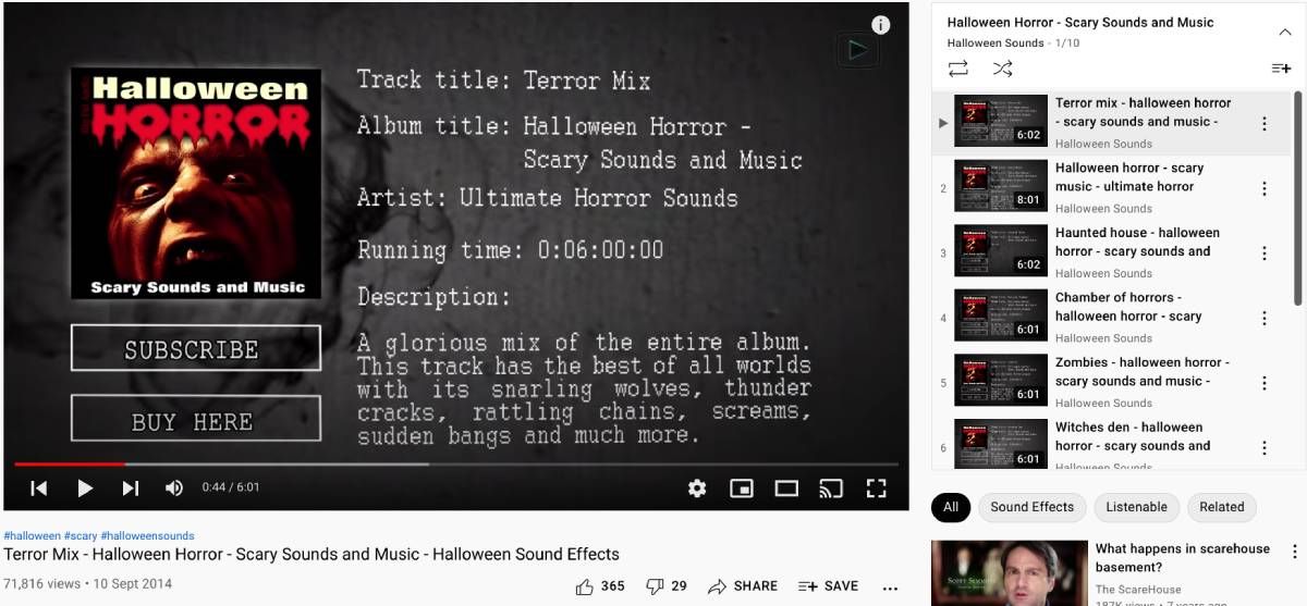 Halloween Sounds is an hour-long soundtrack of scary sounds and horror music to set the mood for a bone-chilling time