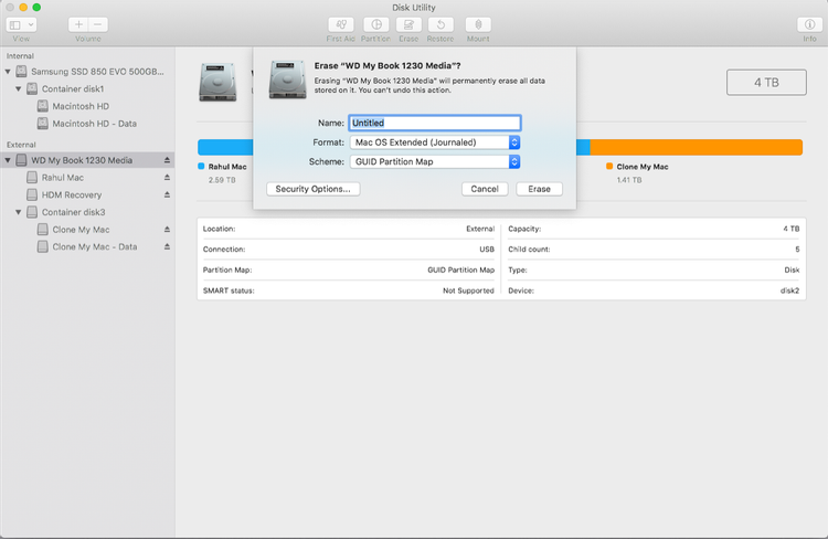 choose a file format for external hard drive through disk utility