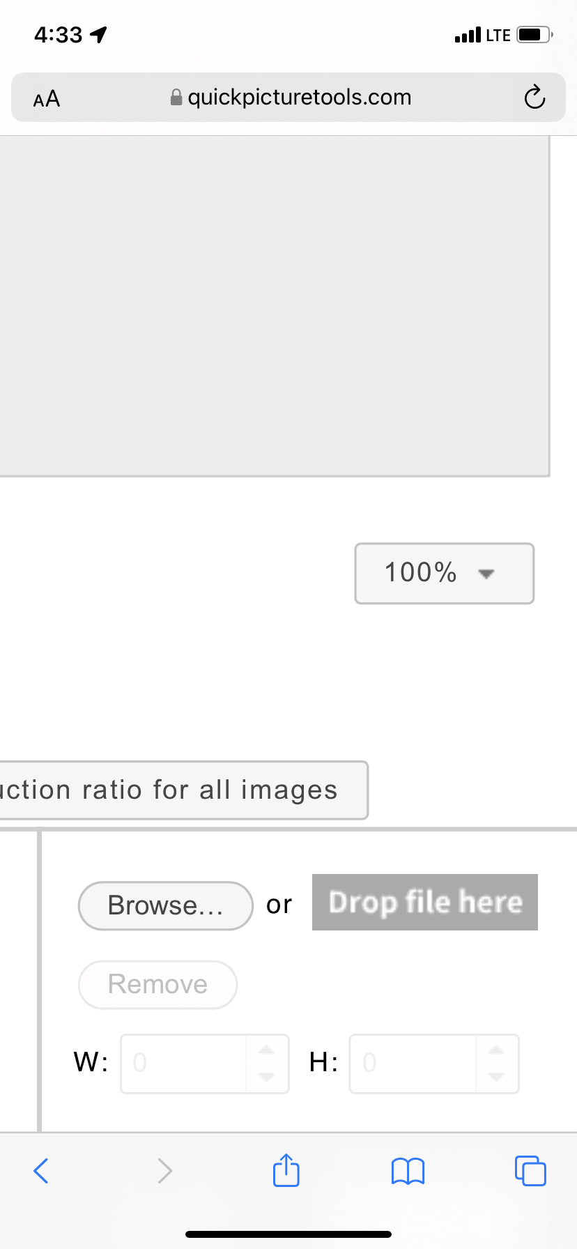 Combine images section of QuickPictureTools.com set to 100 percent in Safari iPhone