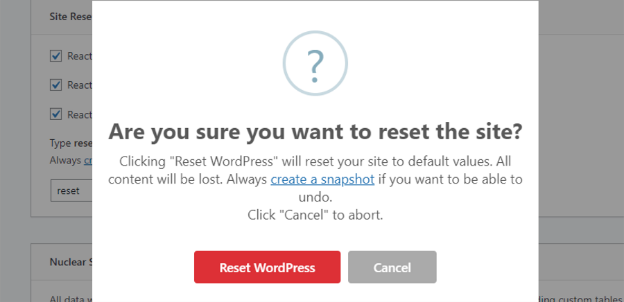 confirmation dialog for resetting a wordpress website