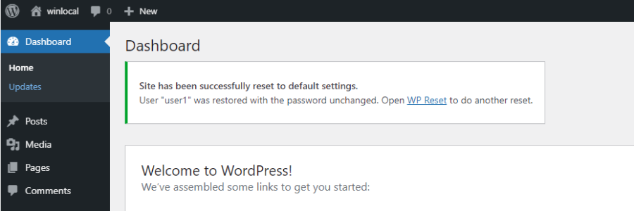 confirmation of a WordPress site reset