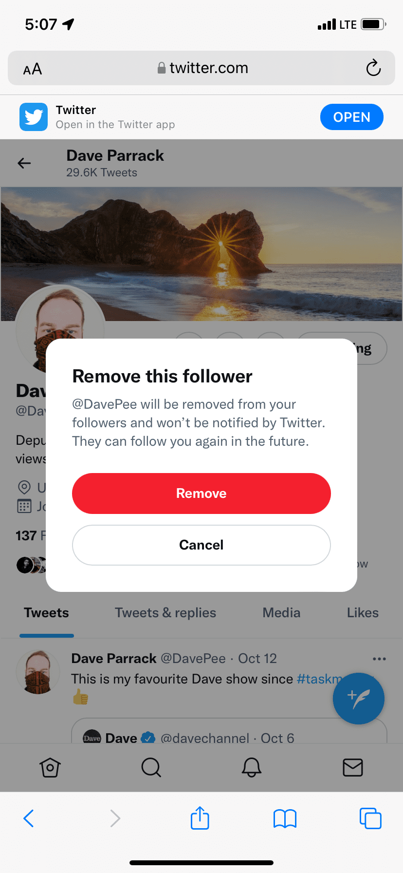 Confirmation to remove Twitter Follower