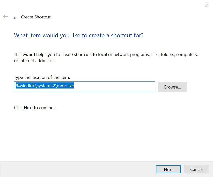 Creating a shortcut in Windows 10.