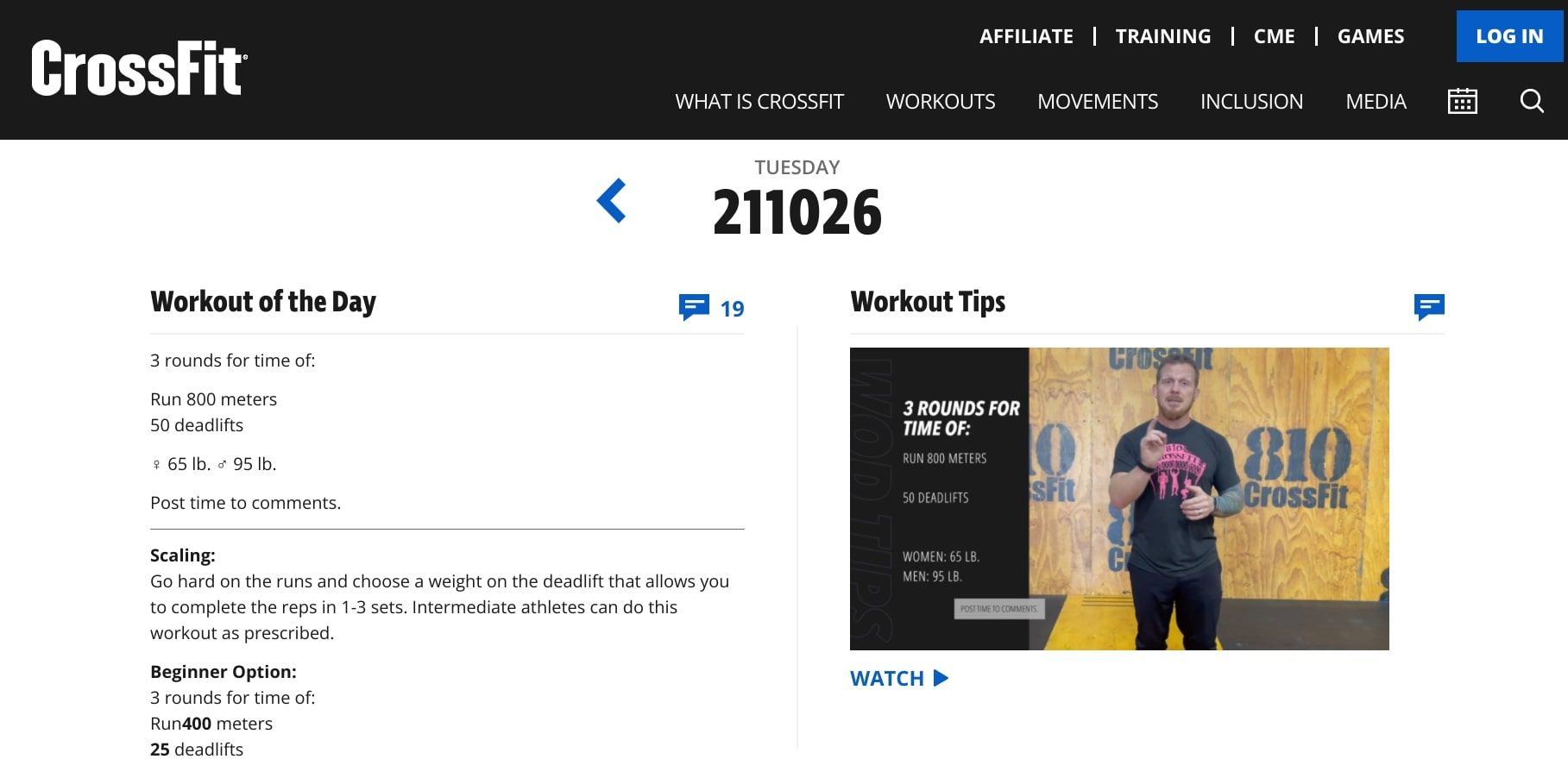 crossfit workout page screenshot